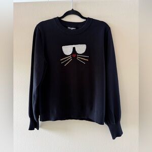 Karl Lagerfeld Women’s Lightweight Black Sweater with Rhinestone Cat Face NWT